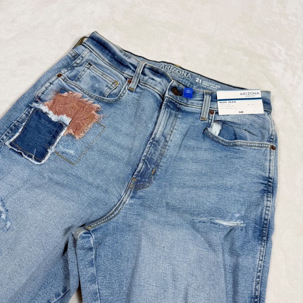 Arizona Jean Co Womens Size 21 Highest Rise Mom Jean Patchwork Distressed Blue